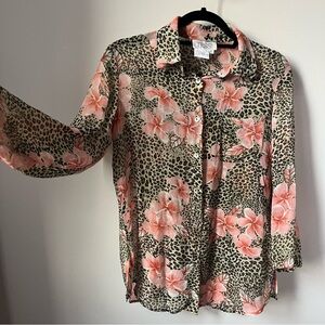 100% silk leopard with orange flowers TESS quarter sleeve collared blouse size 6